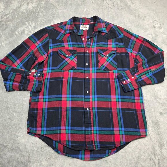 Ely Cattleman Shirt Mens Large Black Red Green Blue Pearl Snap Flannel Button Up - Picture 2 of 7